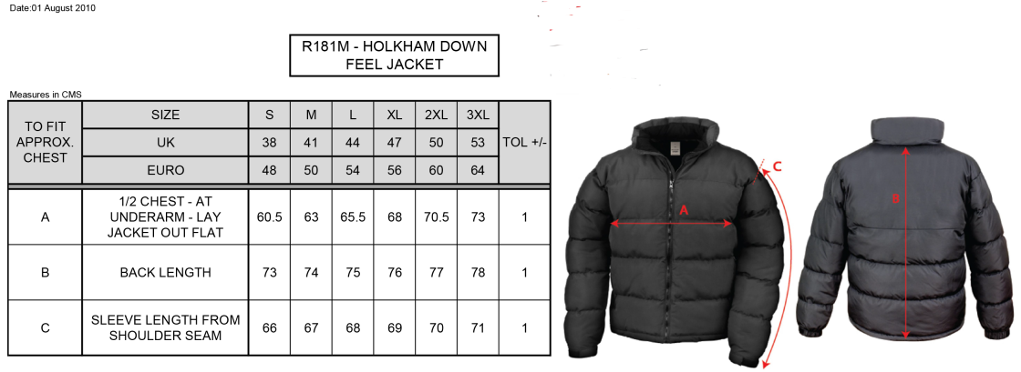 Bristol Staff - Performance - Holkham Down Feel Jacket - Men's Fit - Size Guide