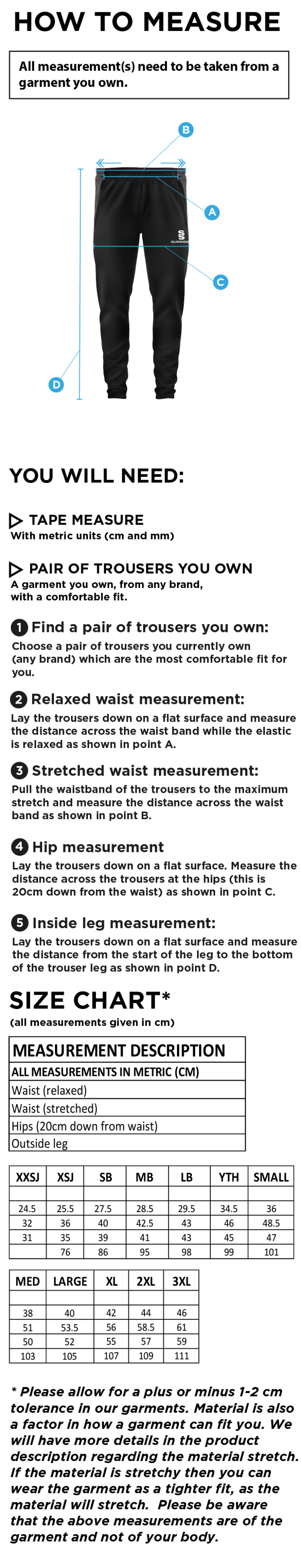 Bristol Staff - Performance - Tek Slim Training Pants - Unisex Fit - Size Guide