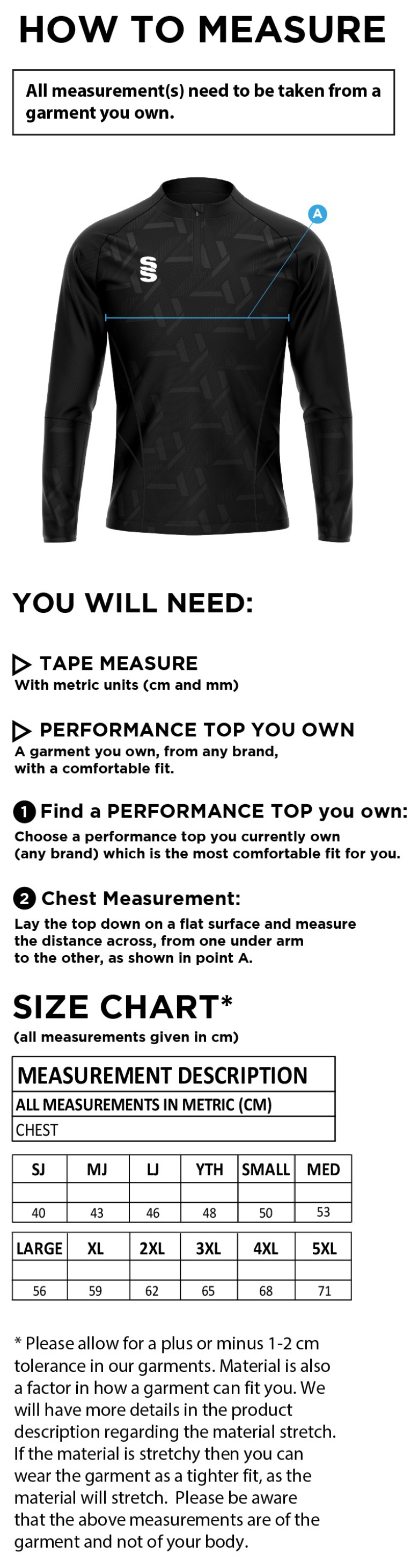 Bristol Staff - Performance - Impact 1/4 Zip Performance Top - Men's Fit - Size Guide