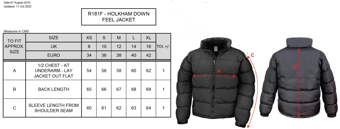 Bristol Staff - Performance - Holkham Down Feel Jacket - Women's Fit - Size Guide