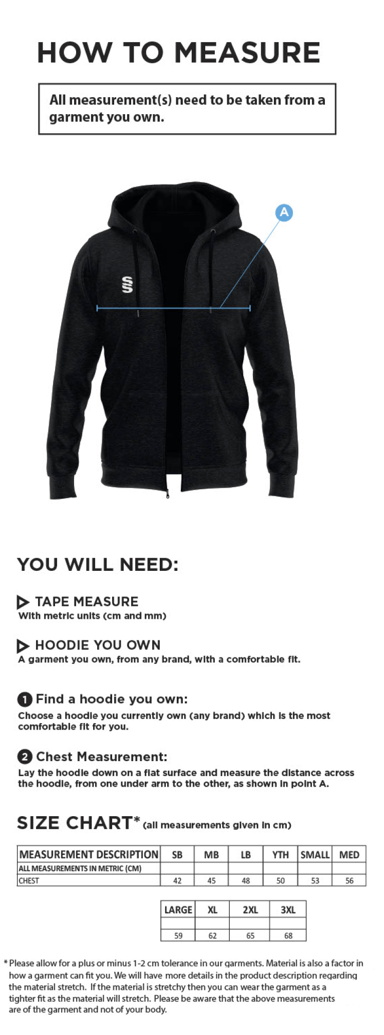 Bristol Staff - Performance - Dual Full Zip Hoody - Unisex Fit - Size Guide
