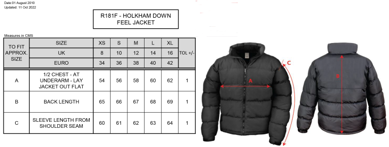 Bristol Staff - Performance - Holkham Down Feel Jacket - Women's Fit - Size Guide