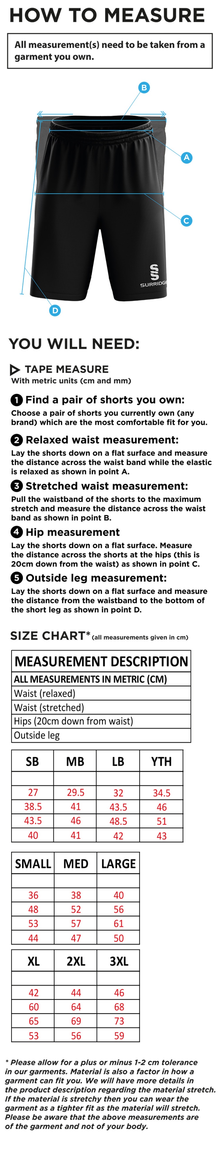 Bristol Staff - Performance - Ripstop Pocketed Shorts - Men's Fit - Size Guide