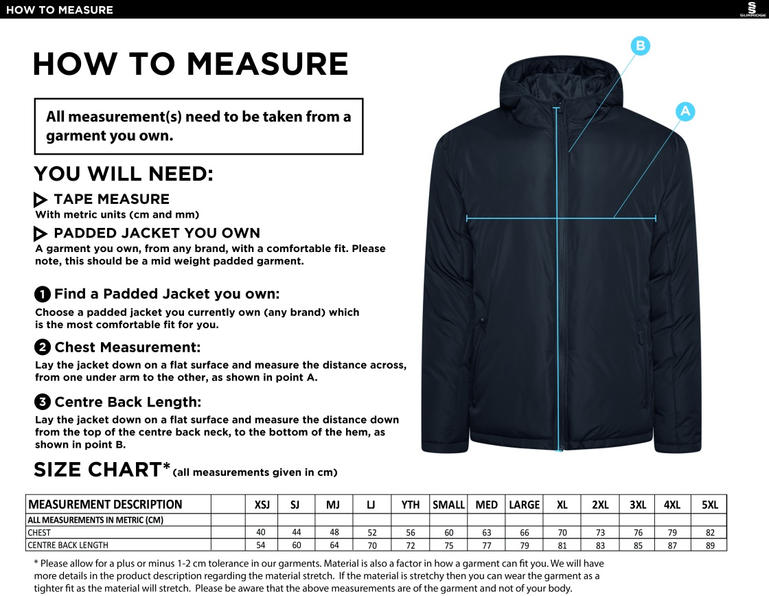 Bristol Staff - Performance - Ct Padded Jacket - Unisex Fit - Size Guide