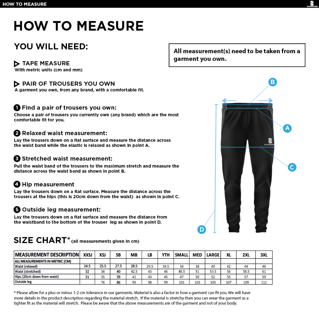 Bristol Staff - Performance - Tek Slim Training Pants - Unisex Fit - Size Guide