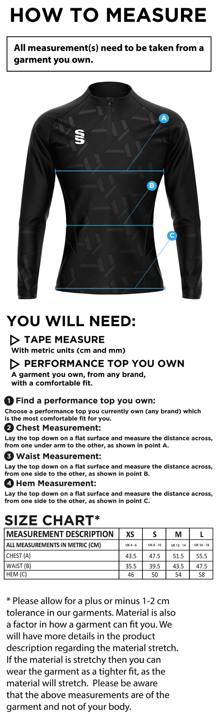Bristol Staff - Performance - Impact 1/4 Zip Performance Top - Women's Fit - Size Guide