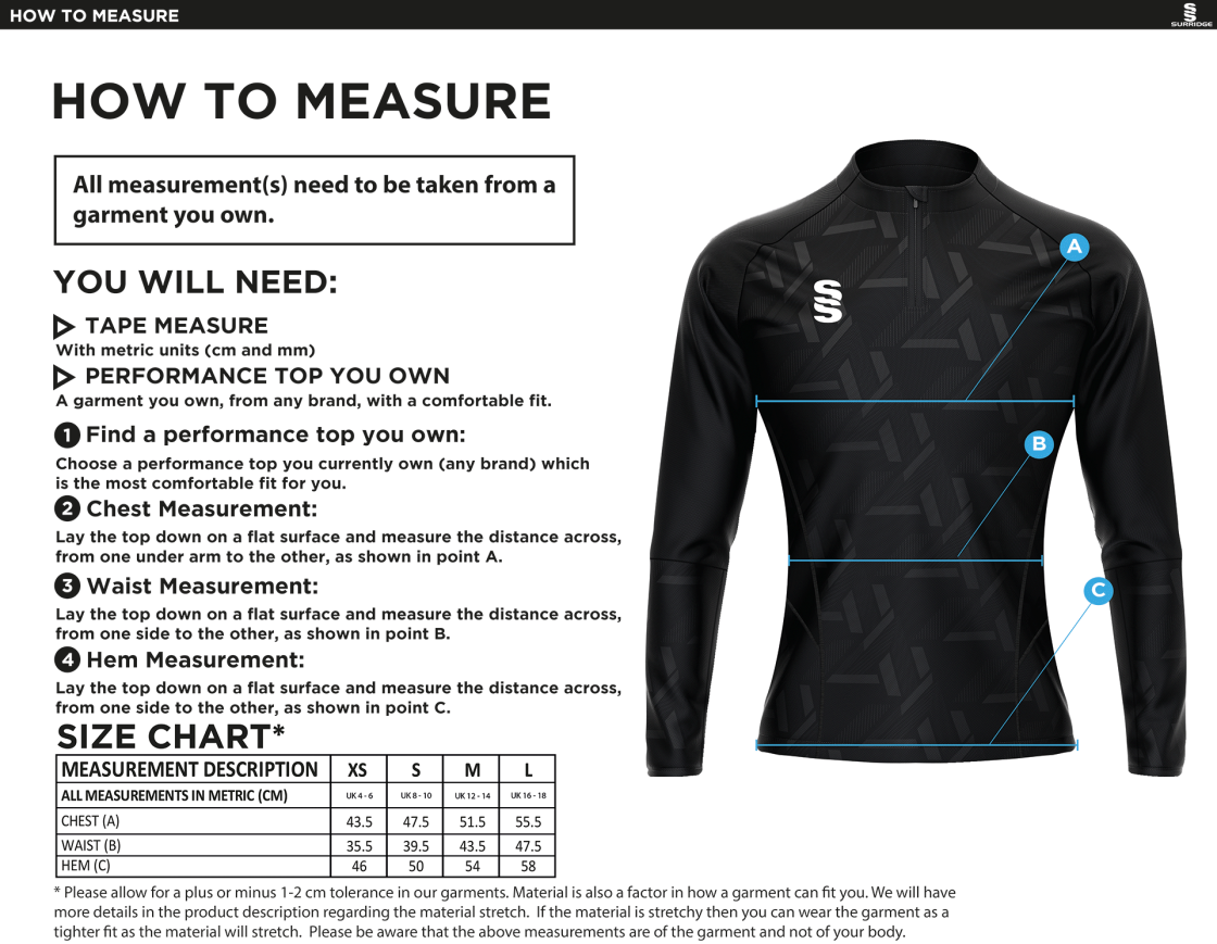 Bristol Staff - Performance - Impact 1/4 Zip Performance Top - Women's Fit - Size Guide
