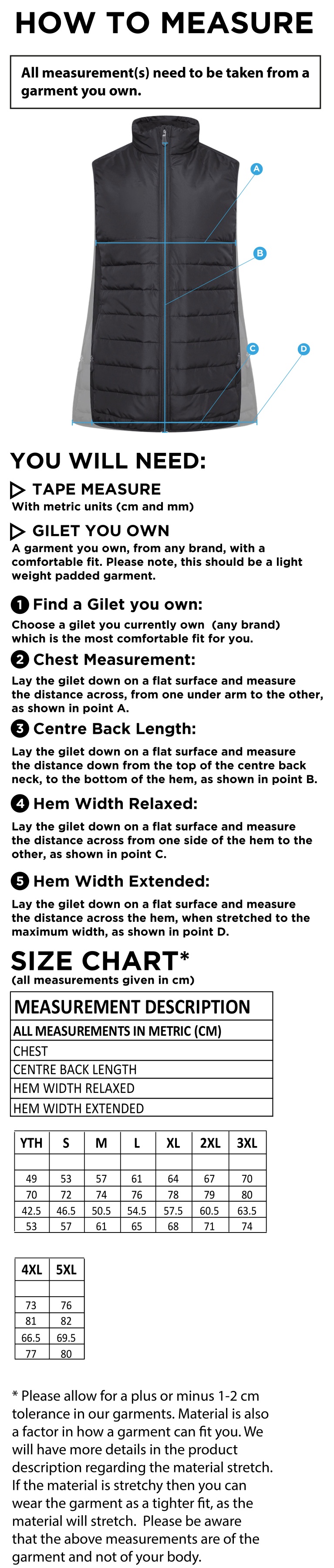 Bristol Staff - Performance - Padded Bodywarmer - Unisex Fit - Size Guide