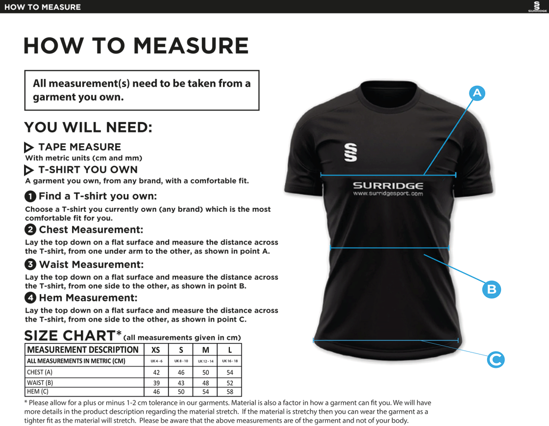 Bristol Staff - Performance - Impact T-Shirt - Women's Fit - Size Guide