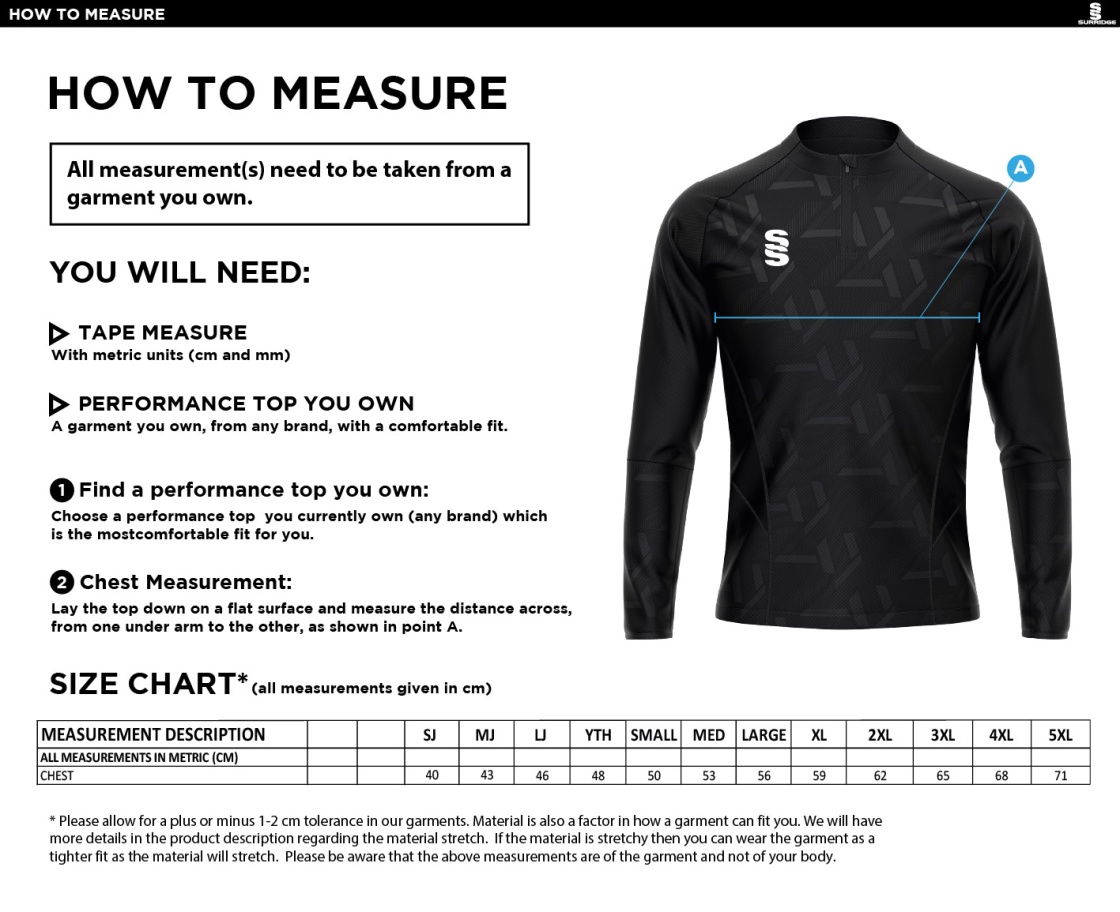 Bristol Staff - Performance - Impact 1/4 Zip Performance Top - Men's Fit - Size Guide