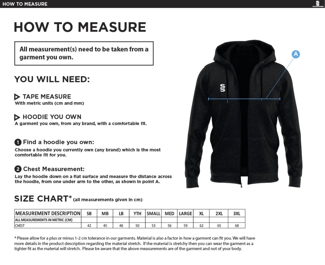 Bristol Staff - Performance - Dual Full Zip Hoody - Unisex Fit - Size Guide