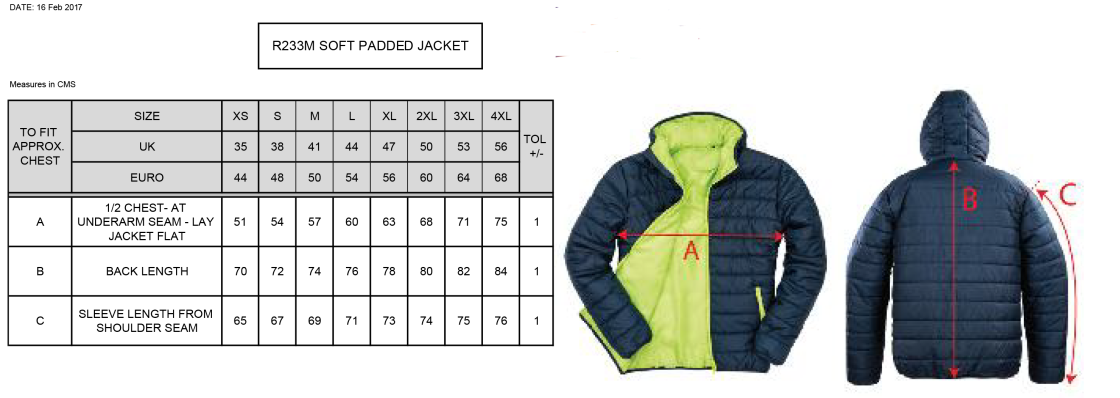 Bristol Staff - Performance - Supersoft Padded Jacket - Unisex Fit - Size Guide